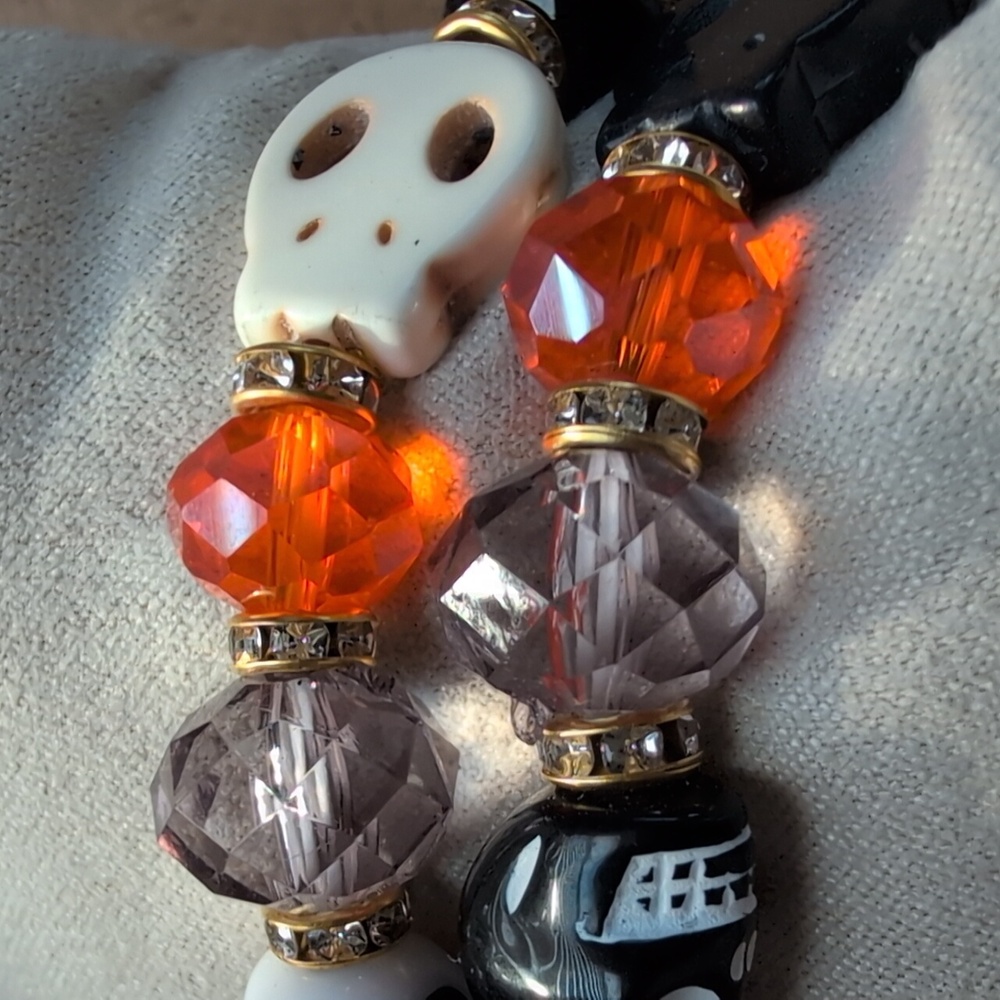 Halloween Gothic Skull Bead Bracelet Set - Black, White, Orange Set